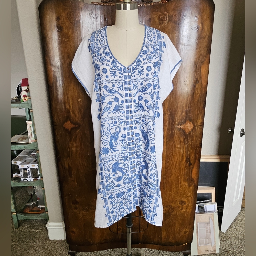 Johnny Was Blue and White Tunic with Embroidery